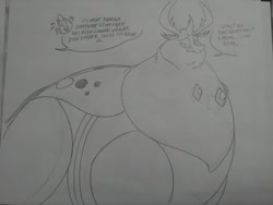 Size: 2592x1944 | Tagged: safe, artist:princebluemoon3, imported from derpibooru, spike, thorax, changedling, changeling, bhm, changeling king, double chin, fat, floating head, grayscale, king thorax, monochrome, morbidly obese, nervous, obese, sketch, sweat, sweatdrop, thorlard, traditional art, weight gain
