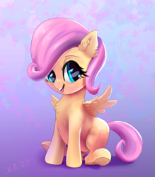 Size: 1513x1726 | Tagged: safe, artist:xbi, imported from derpibooru, fluttershy, pegasus, pony, abstract background, cute, female, filly, filly fluttershy, looking at you, mare, shyabetes, sitting, smiling, solo, spread wings, wings, younger