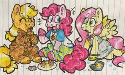 Size: 500x300 | Tagged: safe, artist:raystarkitty, imported from derpibooru, applejack, fluttershy, pinkie pie, earth pony, pegasus, pony, clothes, cupcake, drink, drinking, drinking straw, female, food, lined paper, pajamas, sitting, slumber party, snacks, traditional art, trio