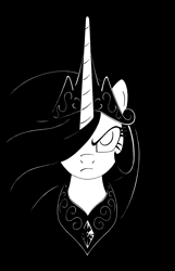 Size: 3537x5495 | Tagged: safe, artist:azdaracylius, princess celestia, alicorn, pony, black and white, bust, celestia is not amused, female, frown, grayscale, hair over one eye, looking at you, mare, monochrome, portrait, solo, unamused