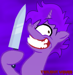 Size: 772x794 | Tagged: safe, artist:twilight_memes, imported from derpibooru, oc, oc only, oc:jão, pony, unicorn, base, base used, creepy, grin, horn, knife, logo, male, psycho, purple background, purple mane, simple background, smiling, solo, unicorn oc