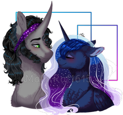 Size: 1403x1311 | Tagged: safe, artist:malinraf1615, imported from derpibooru, king sombra, princess luna, alicorn, pony, unicorn, alternate hairstyle, bandana, beard, blushing, chest fluff, ear fluff, ethereal mane, eyes closed, eyeshadow, facial hair, female, lumbra, makeup, male, mare, shipping, simple background, stallion, starry mane, straight, transparent background