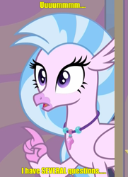 Size: 435x600 | Tagged: safe, edit, edited screencap, imported from derpibooru, screencap, silverstream, student counsel, caption, confused, cropped, i have several questions, jontron, meme, png, reference, solo, text