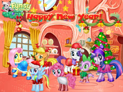 Size: 700x525 | Tagged: safe, artist:user15432, imported from derpibooru, applejack, fluttershy, pinkie pie, rainbow dash, rarity, spike, twilight sparkle, dragon, earth pony, pegasus, pony, unicorn, bell, bells, cardboard twilight, christmas, christmas lights, christmas ornament, christmas ornaments, christmas outfit, christmas ponies, christmas presents, christmas star, christmas tree, clothes, decoration, fynsy, gift box, gloves, golden oaks library, happy new year, hat, holiday, mane seven, mane six, merry christmas, present, red hat, santa hat, shoes, stock vector, tree, unicorn twilight, winter, winter hat, winter outfit