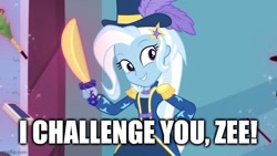 Size: 640x360 | Tagged: safe, edit, edited screencap, imported from derpibooru, screencap, trixie, equestria girls, equestria girls series, street magic with trixie, spoiler:eqg series (season 2), caption, dc superhero girls, female, image macro, smiling, solo, text