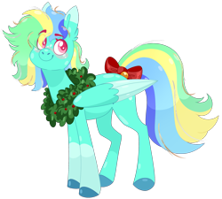 Size: 2523x2266 | Tagged: safe, artist:ttat2s, imported from derpibooru, oc, oc only, oc:aquarius, pegasus, pony, derpibooru community collaboration, 2021 community collab, base used, bow, christmas, holiday, parent:lyra heartstrings, parent:rainbow dash, parents:lyradash, photo, simple background, solo, tail bow, transparent background, wreath