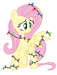 Size: 800x1050 | Tagged: safe, artist:buttonmash, imported from derpibooru, fluttershy, pegasus, pony, christmas, christmas lights, christmas tree, cute, female, holiday, implied fluttertree, shyabetes, simple background, solo, tangled up, tree, white background