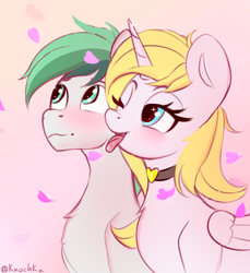 Size: 2812x3064 | Tagged: source needed, safe, artist:knochka, imported from derpibooru, oc, oc:dreamer skies, oc:sweetie shy, alicorn, pegasus, pony, accessory, alicorn oc, blushing, commission, couple, happy, horn, licking, married couple, neck licking, oc x oc, one eye closed, open mouth, pegasus oc, petals, romantic, shipping, shy, smiley face, smiling, tongue out, wings, ych result