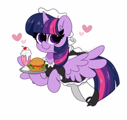 Size: 4096x3859 | Tagged: safe, artist:kittyrosie, imported from derpibooru, twilight sparkle, alicorn, pony, blushing, burger, clothes, cute, female, flying, food, hay burger, heart, high res, looking at you, maid, maidlight sparkle, mare, milkshake, plate, simple background, smiling, solo, twiabetes, twilight sparkle (alicorn), white background