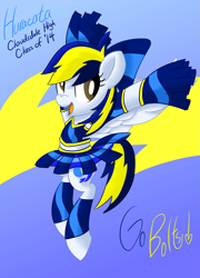 Size: 1801x2500 | Tagged: safe, artist:notadeliciouspotato, imported from derpibooru, oc, oc only, oc:huracata, pegasus, pony, abstract background, bow, cheerleader, cheerleader outfit, clothes, female, leg band, mare, open mouth, pleated skirt, pom pom, skirt, smiling, solo, spread wings, text, wings