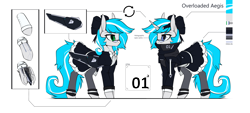 Size: 5508x2480 | Tagged: safe, artist:justafallingstar, imported from derpibooru, oc, oc only, oc:overloaded aegis, pony, robot, robot pony, bowtie, clothes, commission, cybernetic eyes, cybernetic wings, female, glasses, maid, mare, reference sheet, socks, weapon, wings