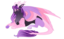 Size: 2600x1600 | Tagged: safe, artist:uunicornicc, imported from derpibooru, oc, oc only, draconequus, hybrid, female, interspecies offspring, lying down, offspring, parent:discord, parent:twilight sparkle, parents:discolight, prone, simple background, solo, white background