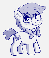 Size: 598x714 | Tagged: safe, artist:heretichesh, imported from derpibooru, apple bloom, earth pony, pony, applebuck, blushing, bowtie, colt, male, monochrome, rule 63, sketch, smiling, solo
