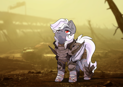 Size: 3508x2480 | Tagged: safe, artist:arctic-fox, imported from derpibooru, oc, oc only, oc:winter fields, bat pony, pony, vampire, vampony, fallout equestria, armor, bat pony oc, bat wings, looking up, male, raider, scar, solo, stallion, wings