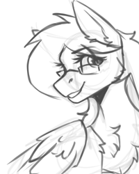 Size: 1600x2000 | Tagged: safe, artist:dark lightning, artist:dorkmark, imported from derpibooru, oc, oc only, oc:kezzie, pegasus, pony, chest fluff, female, glasses, looking at you, sketch, solo