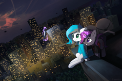 Size: 3000x2000 | Tagged: safe, artist:freeedon, imported from derpibooru, oc, oc only, pony, unicorn, airship, cellphone, city, clothes, duo, female, magic, mare, phone, skyscraper, sweater, zeppelin