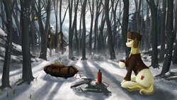 Size: 3920x2205 | Tagged: safe, artist:dezdark, imported from derpibooru, march gustysnows, bird, pony, tit (bird), coffee, forest, house, mountain, scenery, scenery porn, sled, snow, solo, thermos