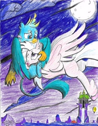 Size: 5099x6531 | Tagged: safe, artist:johnerose126, imported from derpibooru, gallus, silverstream, classical hippogriff, griffon, hippogriff, absurd resolution, female, gallstream, hug, male, shipping, straight, traditional art