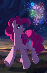 Size: 360x560 | Tagged: safe, artist:renka2802, artist:tigra0118, imported from derpibooru, pinkie pie, earth pony, pony, female, fireworks, frog (hoof), solo, underhoof, walking