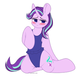 Size: 3000x3000 | Tagged: safe, artist:xcinnamon-twistx, imported from derpibooru, starlight glimmer, pony, unicorn, blue swimsuit, blushing, clothes, colored sketch, looking at you, one-piece swimsuit, patreon, patreon reward, reward, sexy, simple background, sketch, solo, sukumizu, swimsuit, transparent background