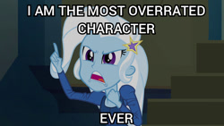 Size: 800x450 | Tagged: safe, edit, edited screencap, imported from derpibooru, screencap, trixie, human, equestria girls, rainbow rocks, background pony strikes again, caption, image macro, meme, op is a duck, op is trying to start shit, solo, text, trixie yells at everything