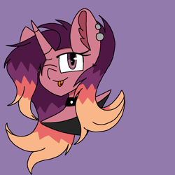 Size: 1378x1378 | Tagged: safe, artist:circuspaparazzi5678, imported from derpibooru, oc, oc only, oc:firework burst, anthro, pony, unicorn, anime, anime style, bust, clothes, collar, ear piercing, earring, i tried, jewelry, magical lesbian spawn, offspring, parent:sunset shimmer, parent:twilight sparkle, parents:sunsetsparkle, piercing, portrait, shirt, solo, tongue out, tongue piercing, tried my best