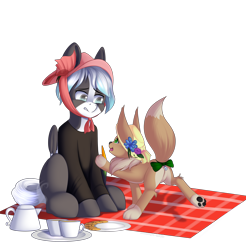 Size: 2950x3000 | Tagged: safe, artist:xcinamon-twistx, imported from derpibooru, oc, eevee, pony, carrot, commission, commissions open, confused, cookie, food, happy, hat, picnic, pokémon, simple background, tea, tea party, teapot, transparent background