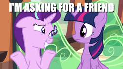 Size: 1906x1074 | Tagged: safe, edit, edited screencap, imported from derpibooru, screencap, starlight glimmer, twilight sparkle, alicorn, pony, the crystalling, blatant lies, caption, image macro, shrug, text, train, twilight sparkle (alicorn)