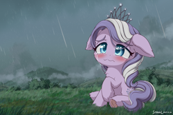 Size: 2400x1600 | Tagged: safe, artist:symbianl, imported from derpibooru, diamond tiara, earth pony, pony, chest fluff, colored underhoof, crying, cute, ear fluff, female, filly, jewelry, leg fluff, rain, sad, sadorable, sitting, solo, tiara, wavy mouth