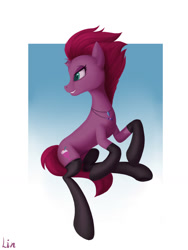 Size: 1181x1574 | Tagged: safe, artist:lin feng, imported from derpibooru, fizzlepop berrytwist, tempest shadow, pony, unicorn, clothes, socks, solo, stockings, thigh highs