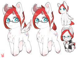 Size: 1227x916 | Tagged: safe, artist:sugarelement, imported from derpibooru, oc, oc only, oc:red cherry, pegasus, pony, clothes, dock, fluffy, glasses, horns, maid, maid headdress, sitting, smol, solo, wingless