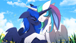 Size: 2500x1406 | Tagged: safe, artist:redchetgreen, imported from derpibooru, princess celestia, princess luna, alicorn, pony, cel shading, cute, cutelestia, daaaaaaaaaaaw, duo, eyes closed, female, floppy ears, hug, lunabetes, mare, nuzzling, royal sisters, shading, sibling love, siblings, sisterly love, sisters, slim, smiling, sweet dreams fuel, thin, wallpaper, weapons-grade cute, wings