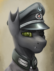 Size: 1760x2300 | Tagged: safe, artist:richmay, imported from derpibooru, oc, oc only, changeling, equestria at war mod, bust, cap, changeling oc, clothes, eyepatch, green changeling, hat, military, military uniform, portrait, solo, uniform