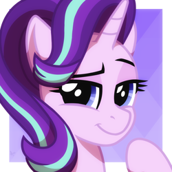 Size: 2048x2048 | Tagged: safe, artist:whitequartztheartist, imported from derpibooru, starlight glimmer, pony, unicorn, bust, eyebrows, lidded eyes, looking at you, portrait, raised eyebrow, smiling, solo