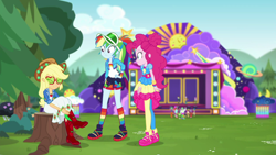 Size: 1920x1080 | Tagged: safe, imported from derpibooru, screencap, applejack, pinkie pie, rainbow dash, accountibilibuddies, equestria girls, equestria girls series, spoiler:eqg series (season 2), animation error, clothes, rainbow socks, socks, striped socks, tree stump