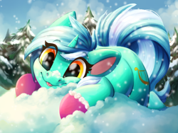 Size: 4000x3000 | Tagged: safe, artist:faline-art, imported from derpibooru, lyra heartstrings, pony, unicorn, :3, :p, cute, eye clipping through hair, faline-art is trying to murder us, female, happy, hoof gloves, lyrabetes, mare, smiling, snow, solo, tongue out, tree, weapons-grade cute, winter