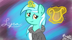 Size: 1280x720 | Tagged: safe, artist:bryastar, imported from derpibooru, lyra heartstrings, pony, unicorn, fanfic:background pony, abstract background, clothes, dig the swell hoodie, glowing horn, hoodie, horn, levitation, lyre, magic, magic glow, musical instrument, signature, smiling, solo, telekinesis