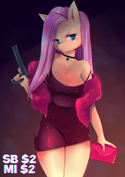 Size: 2480x3508 | Tagged: safe, artist:klaudy, imported from derpibooru, fluttershy, anthro, anime style, auction, auction open, big breasts, breasts, busty fluttershy, choker, cleavage, clothes, commission, cute, dress, feather boa, gun, handgun, jewelry, long hair, mole, pendant, purse, seductive look, seductive pose, sexy, solo, starry eyes, weapon, wingding eyes, ych example, your character here