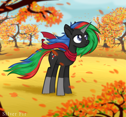 Size: 2623x2448 | Tagged: safe, artist:silverfir, imported from derpibooru, oc, oc only, oc:thinkpony, pony, unicorn, autumn, clothes, commission, female, leaves, mare, scarf, solo, tree, wind, ych result, your character here