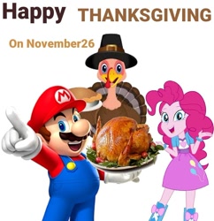 Size: 720x743 | Tagged: safe, artist:eddazzling81, artist:sugar-loop, imported from derpibooru, pinkie pie, bird, human, turkey, equestria girls, barely eqg related, cooked, crossover, crossover shipping, female, food, happy thanksgiving 2020, hat, holiday, male, mario, mariopie, nintendo, pilgrim hat, shipping, straight, super mario bros., thanksgiving