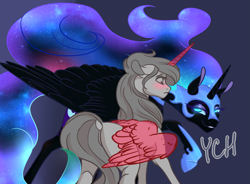 Size: 3623x2665 | Tagged: safe, artist:luna dave, imported from derpibooru, nightmare moon, oc, alicorn, pony, armor, auction, commission, ethereal mane, jewelry, realistic horse legs, realistic wings, regalia, starry mane, wing fluff, wings, your character here, your character here auction