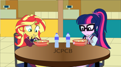 Size: 1921x1079 | Tagged: safe, artist:jcpreactyt, imported from derpibooru, sci-twi, sunset shimmer, twilight sparkle, equestria girls, equestria girls series, chopsticks, clothes, couple, duo, duo female, female, food, food court, friendship, glasses, lesbian, mall, noodles, ramen, relationship, school uniform, scitwishimmer, shipping, skirt, sunsetsparkle, together forever