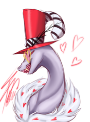 Size: 2000x2700 | Tagged: safe, artist:crystalcontemplator, imported from derpibooru, demon, draconequus, moth, pony, bust, clothes, draconequified, hat, hazbin hotel, moth demon, pimp, pimp hat, ponified, sharp teeth, signature, solo, species swap, sunglasses, teeth, top hat, valentino, valentino (hazbin hotel)