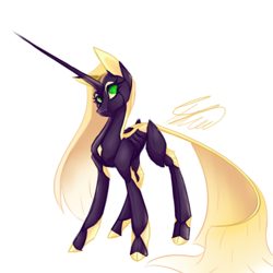 Size: 3000x3000 | Tagged: safe, artist:crystalcontemplator, imported from derpibooru, oc, oc only, pony, robot, robot pony, female, horn, impossibly large horn, mare, signature, simple background, solo, white background