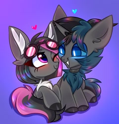 Size: 2880x3000 | Tagged: safe, artist:pesty_skillengton, imported from derpibooru, oc, oc only, oc:mimicry, pony, chibi, couple, cutie, female, love, male, mare, purple changeling, stallion