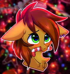 Size: 3000x3150 | Tagged: safe, artist:pesty_skillengton, imported from derpibooru, oc, oc only, earth pony, pony, blushing, bust, candy, candy cane, chest fluff, christmas, cute, ear piercing, earring, floppy ears, food, holiday, jewelry, male, mouth hold, piercing, portrait, smiling, solo, stallion