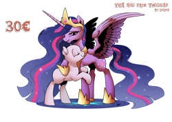 Size: 1024x725 | Tagged: safe, artist:dormin-dim, artist:dormin-kanna, imported from derpibooru, twilight sparkle, alicorn, earth pony, pegasus, pony, the last problem, commission, ethereal mane, hug, older, older twilight, princess twilight 2.0, simple background, starry mane, transparent background, twilight sparkle (alicorn), ych example, ych sketch, your character here