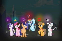 Size: 1080x711 | Tagged: safe, artist:rxndxm.artist, imported from derpibooru, oc, oc only, oc:diamond flare, oc:sprinkle pie, oc:starshine, alicorn, dracony, dragon, hybrid, pegasus, pony, alicorn oc, base used, cave, horn, interspecies offspring, neckerchief, offspring, parent:applejack, parent:caramel, parent:cheese sandwich, parent:discord, parent:flash sentry, parent:fluttershy, parent:pinkie pie, parent:rainbow dash, parent:rarity, parent:soarin', parent:spike, parent:twilight sparkle, parents:carajack, parents:cheesepie, parents:discoshy, parents:flashlight, parents:soarindash, parents:sparity, pegasus oc, raised hoof, smiling, wings