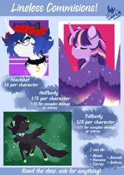 Size: 2480x3507 | Tagged: safe, artist:silentwolf-oficial, imported from derpibooru, twilight sparkle, oc, alicorn, pony, wolf, advertisement, collar, commission info, eyes closed, female, floral head wreath, flower, glasses, horn, mare, rose, twilight sparkle (alicorn), wings