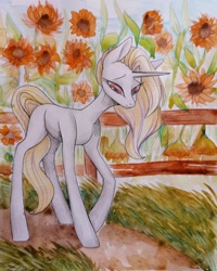 Size: 1080x1350 | Tagged: safe, artist:_quantumness_, artist:jonny_flex69, imported from derpibooru, oc, oc only, pony, unicorn, flower, horn, solo, sunflower, traditional art, unicorn oc